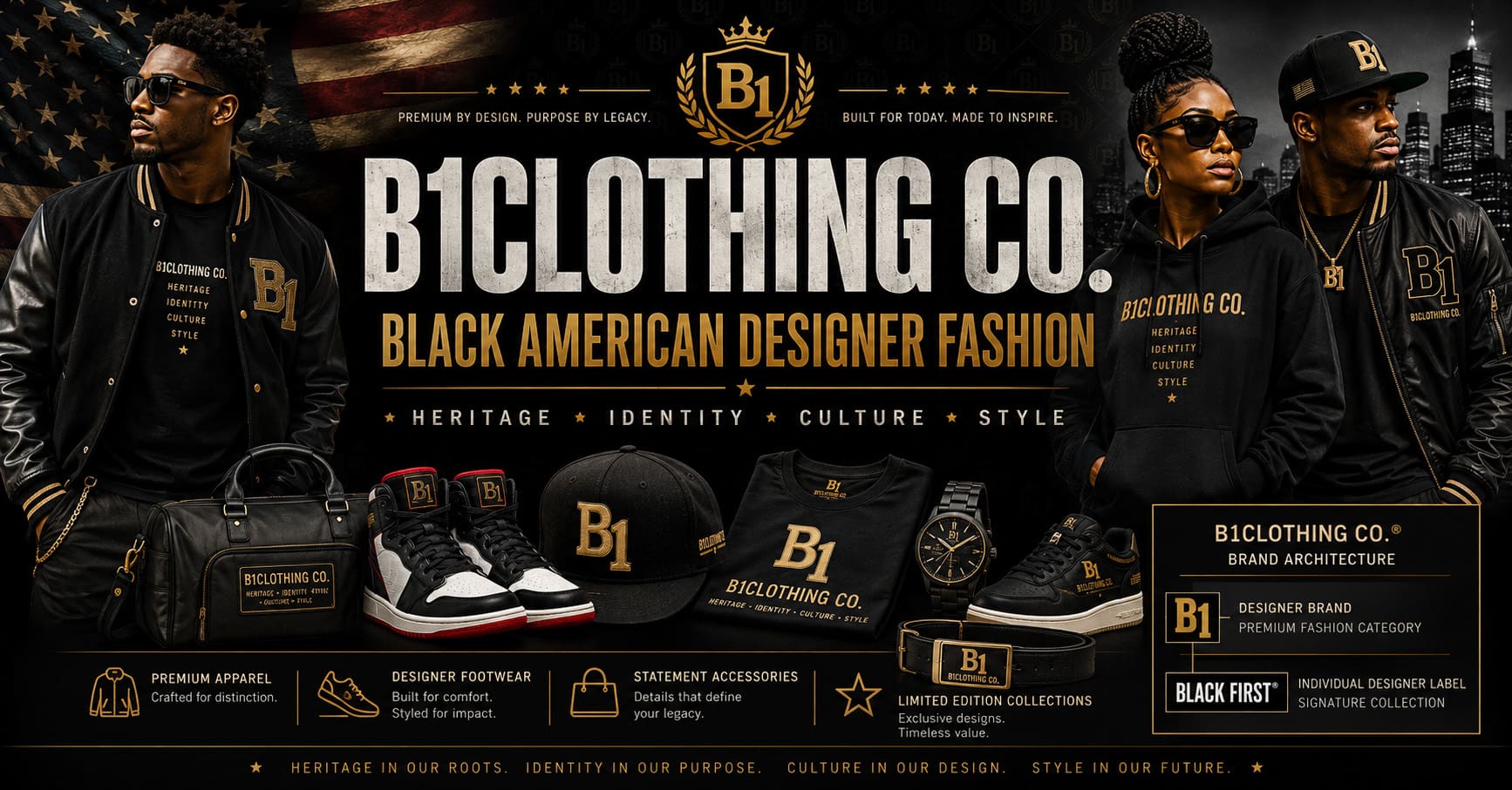B1Clothing Co. Black American designer fashion featuring premium apparel, footwear and accessories rooted in heritage, identity, culture and style.